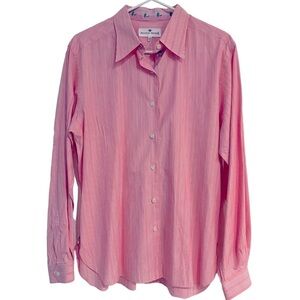 Andrea Becker Pink & White Striped Long Sleeve Button Down w/ Palm Trees Large